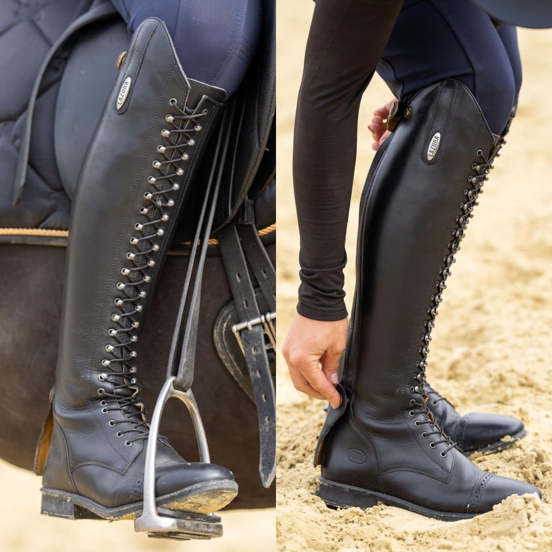 Lazura - Damen Reitstiefel Bologna in Braun oder Schwarz | Lederstiefel Mit Schnürung Vorn & Reißverschluss Hinten | Polo Reitstiefel | Größen 36-42