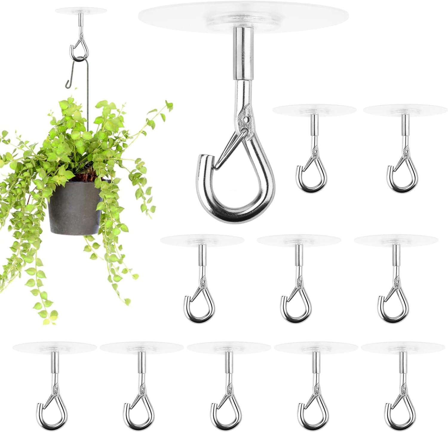Sankoly 12 Pcs Self Adhesive Ceiling Hooks No Drilling Ceiling Hooks Stainless Steel Eye Hooks for Hanging Small Plants Wind Chimes, Secure/Enclosed Design, Easy to Open