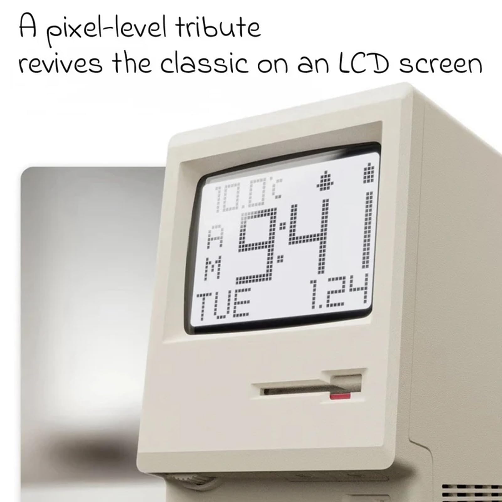Maclock - Reloj despertador retro de píxeles, reloj de escritorio estilo computadora 1984 con pantalla LCD de píxeles, reloj de escritorio USB, múltiples alarmas, calendario, temperatura