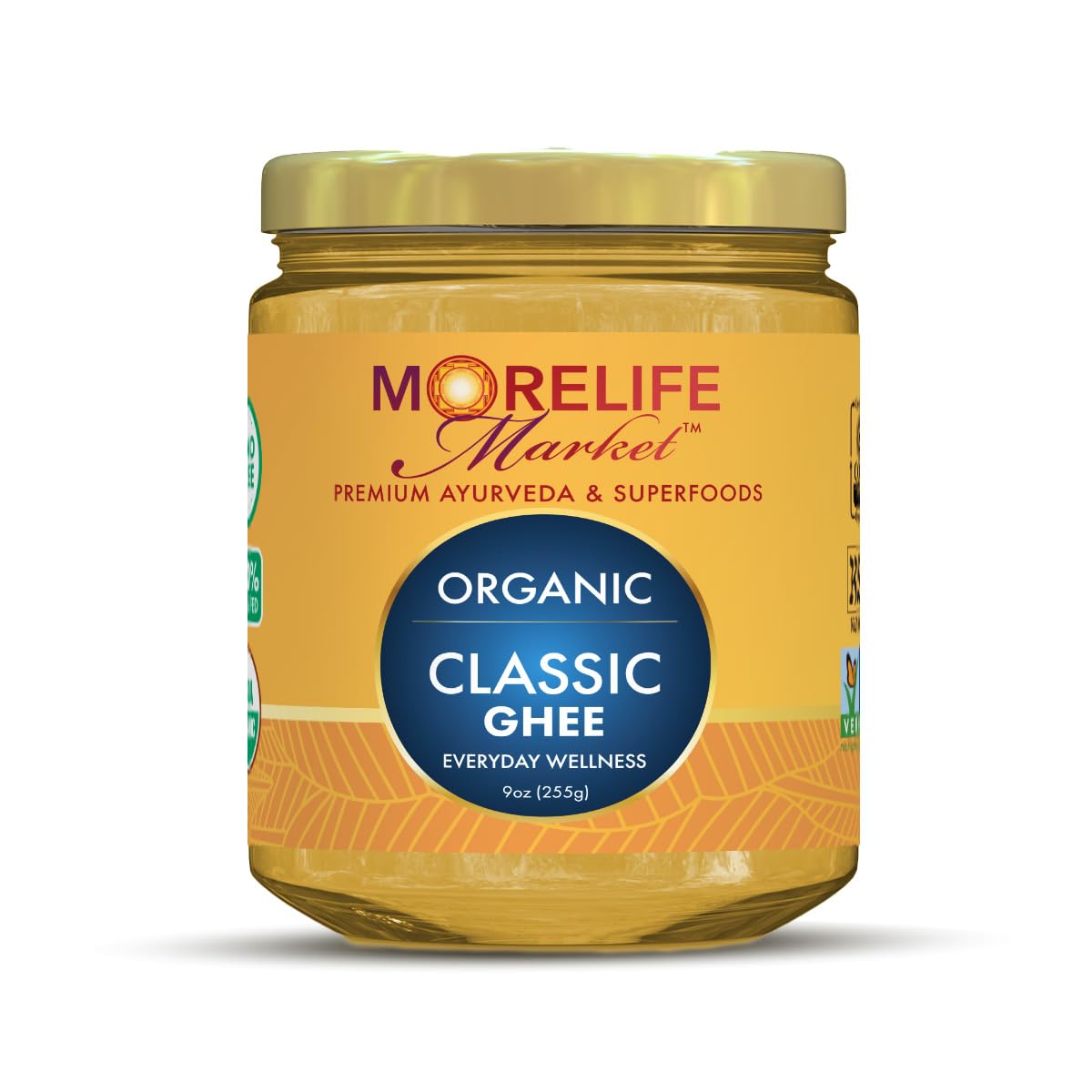 MoreLife Market Organic Classic Ghee | Traditional Ayurvedic Clarified Butter for Cooking & Wellness | Digestion & Skin Health – Lactose-Free, Preservative-Free | Ayurvedic Ghee – 9oz