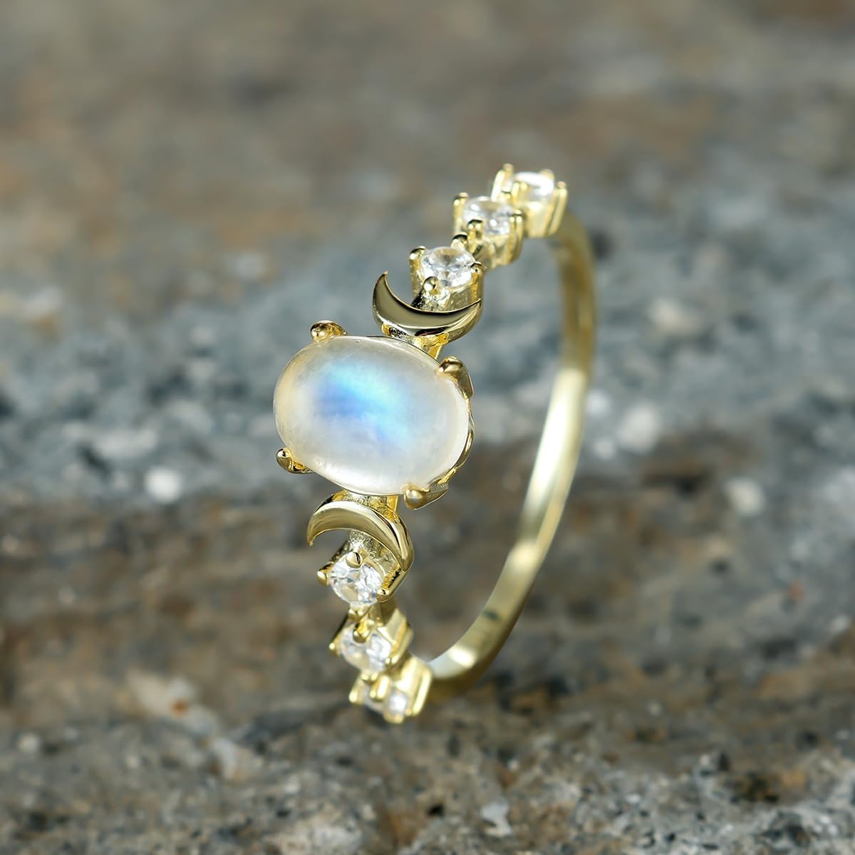 Genuine Moonstone Ring Sterling Silver Moon Phase Ring Oval Moonstone Cubic Zirconia Statement Band Finger Minimalist Ring for Women with Gift Box (Gold, 7) - Image 6