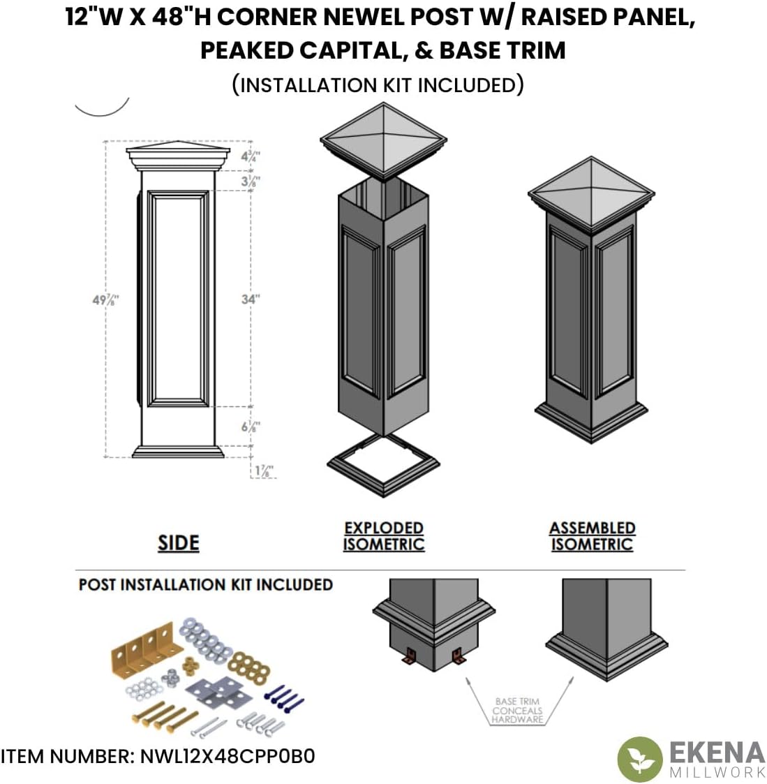 Ekena Millwork NWL12X48CPP0B0 Newel Posts, White