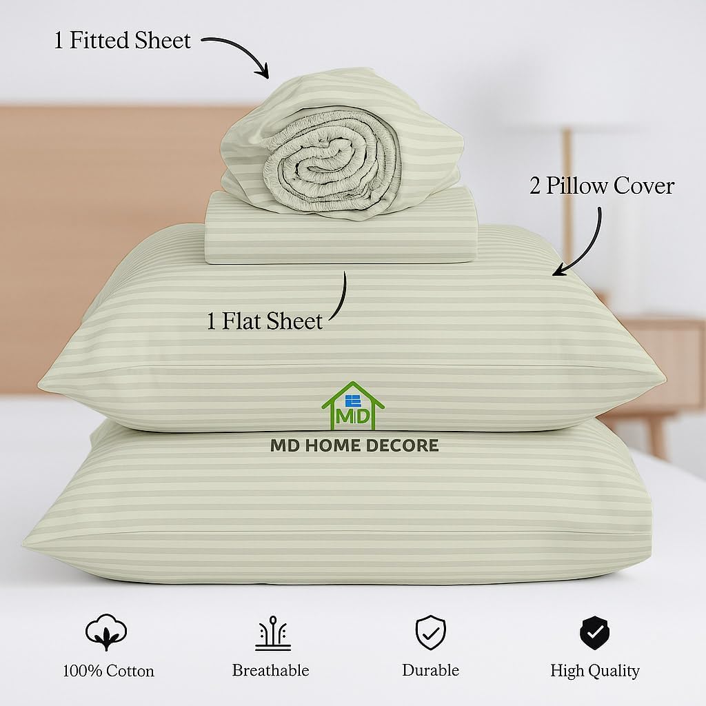Luxury Egyptian Cotton Sheets Queen Size, Deep Pocket Fitted Sheet Fits 18"-24" Mattress, Soft, Breathable, Hotel Quality Bed Sheets, 4-Piece Queen Set, Ivory Stripe, Cooling Cotton Bedding