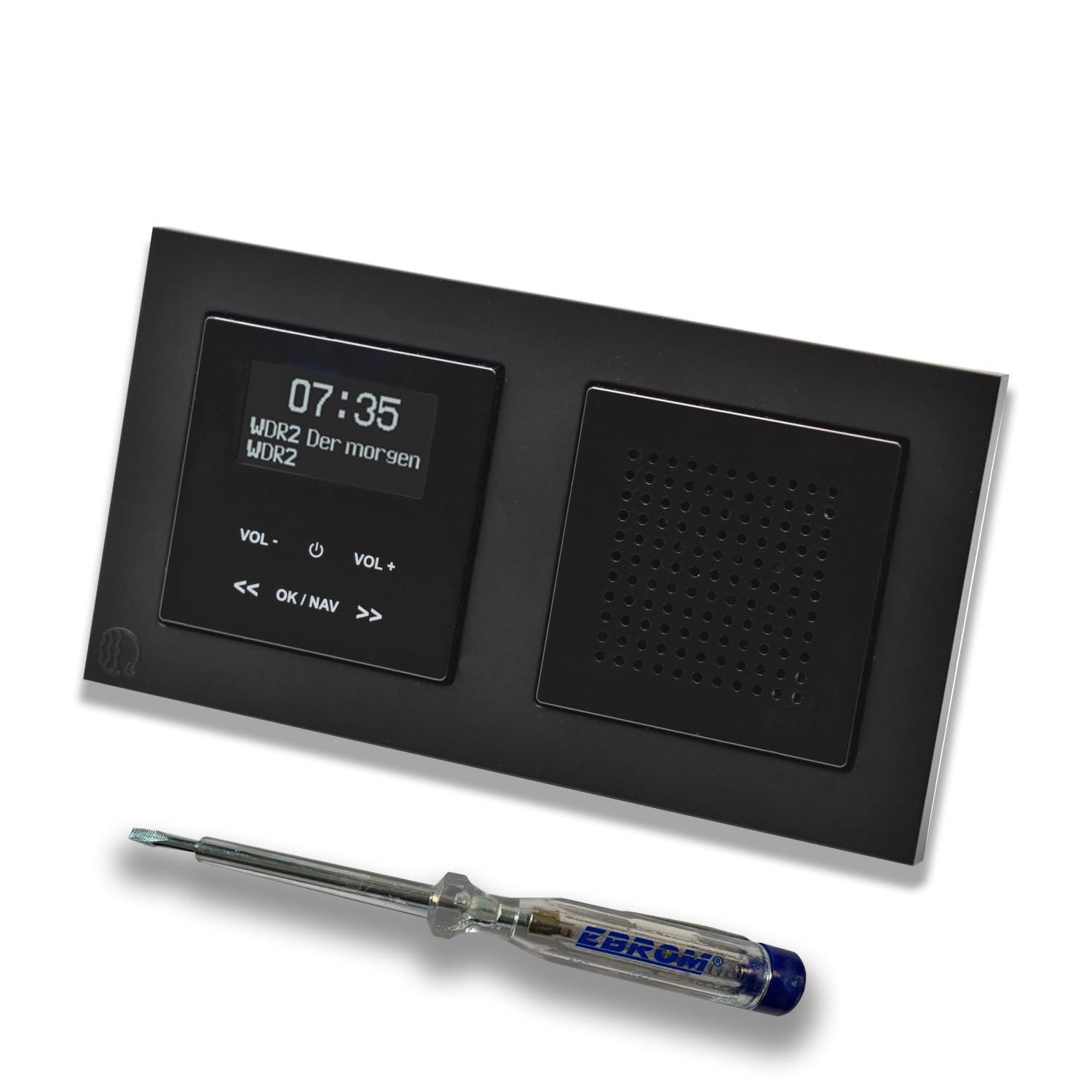 Merten Unterputz DAB+ und Bluetooth Radio MEG4375-0303 mit Lautsprecher in schwarz glänzend, edel abgestimmt mit einem M-Pure schwarz matt Rahmen, inkl. EBROM Phasenprüfer zur Montage der Geräte