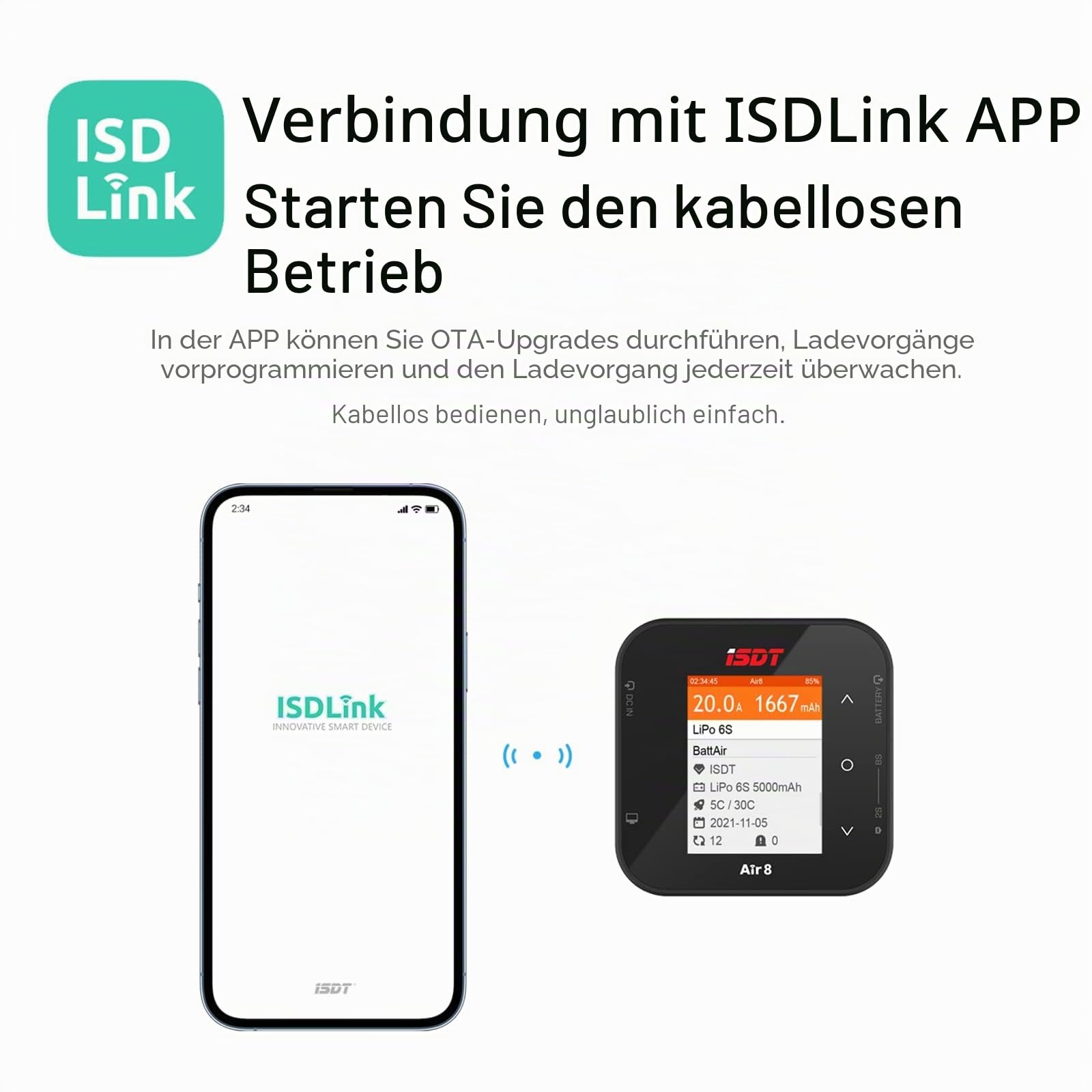 ISDT Air8 Lipo Ladegerät,500W 20A Bluetooth-Fernbedienung Balance Ladegerät Entlader,LCD Display Digital Smart Ladegerät für Life/Lilon/LiPo/LiHv1~8S/ULiHv 1-7S/Pb 1-12S/NiMH/Cd 1-16S Akkus(Air 8)
