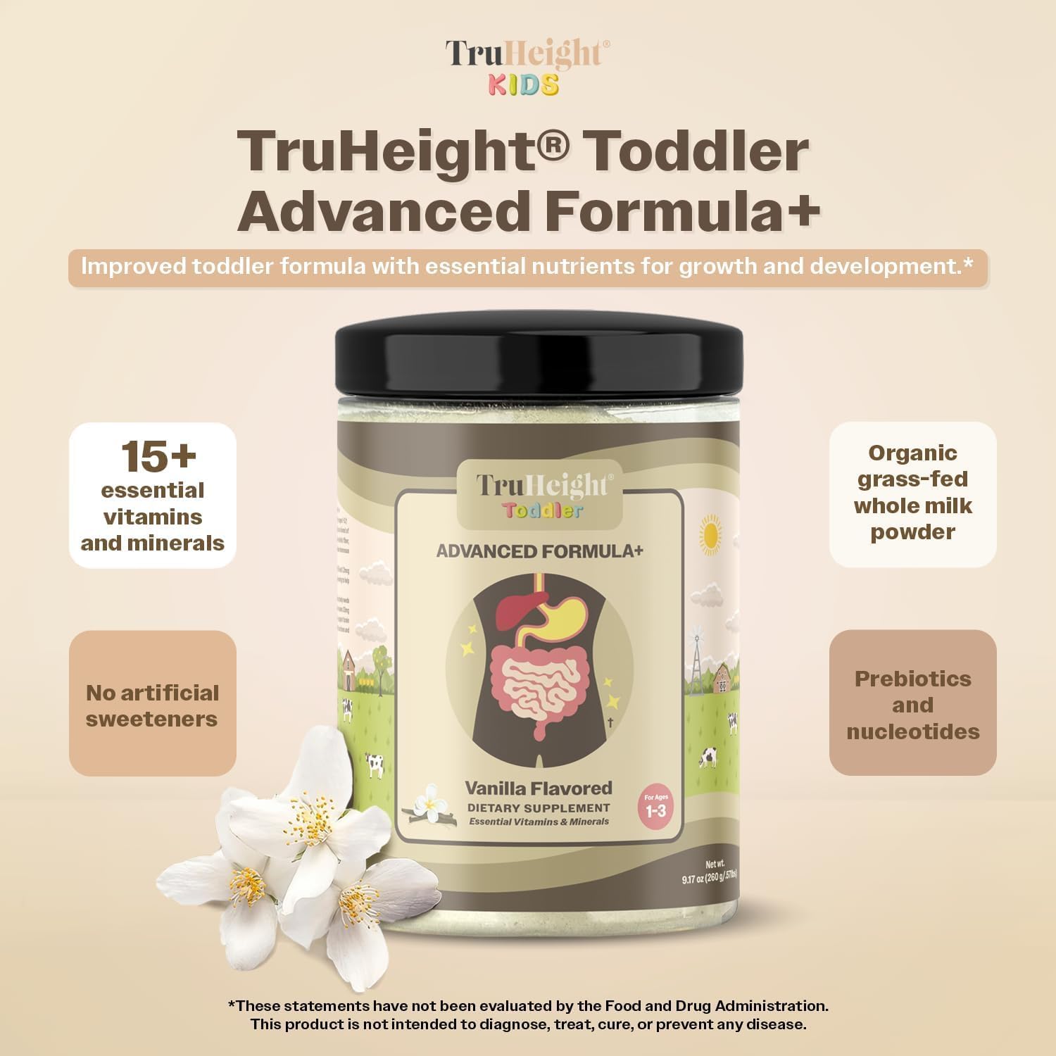 TruHeight Toddler Advanced Formula+ (Vanilla) 16 Vitamins Including C, D, Protein & Iron for 1, 2, 3 Years Old, Milk Based Nutritional Drink, Toddler Complete Nutrition 12-36 Months - Non GMO
