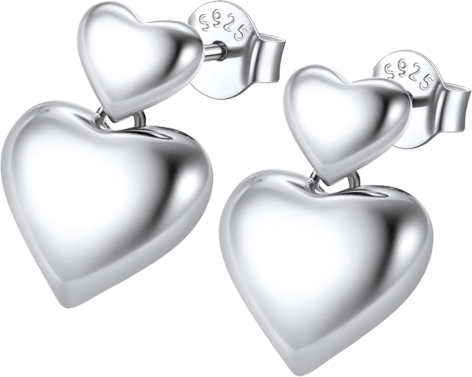 Silver Heart Earrings for Women|Double Heart Studs 925 Solid Sterling Silver Hypoallergenic Chunky Vintage Earrings Jewelry for Daily Birthday Anniversary Valentine's Day Gifts for Her Wife Girlfriend