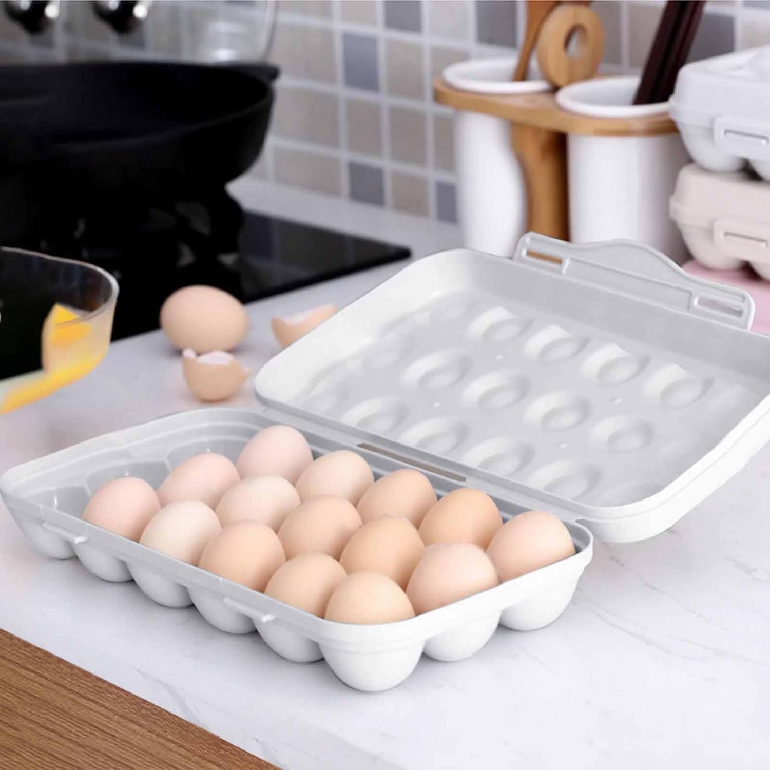 RADHEHUL 18 Grids Egg Storage Box,Portable Plastic Egg Holder Carrier Storage Box, Plastic Egg Holder Tray With Lid, Egg Storage Box Refrigerator (PACK OF 2)(WHITE)