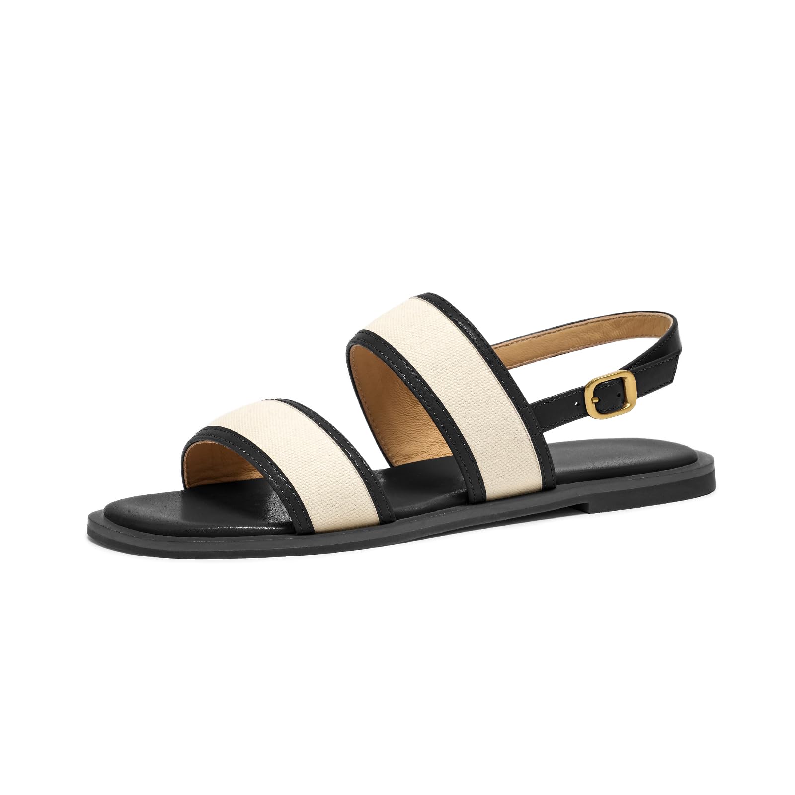 BEAU TODAY Flat Sandals for Women,Women’s Leather Sandals with 2 Strap,Peep Toe Summer Strap Sandals for Women,Open Toe Buckle Comfortable Dress