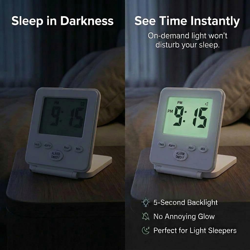 Digital Travel Alarm Clock - No Bells, No Whistles, Simple Basic Operation, Loud Alarm, Snooze, Small and Light, ON/Off Switch, 2 AAA Battery Powered, White