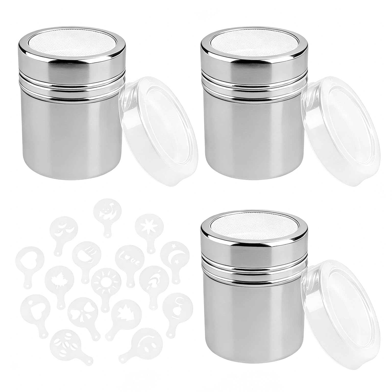 3Pcs Stainless Steel Powder Shaker Set with 16 Piece Coffee Stencils, Flour & Icing Sugar Shaker for Baking Cocoa Cinnamon Dispenser for Coffee