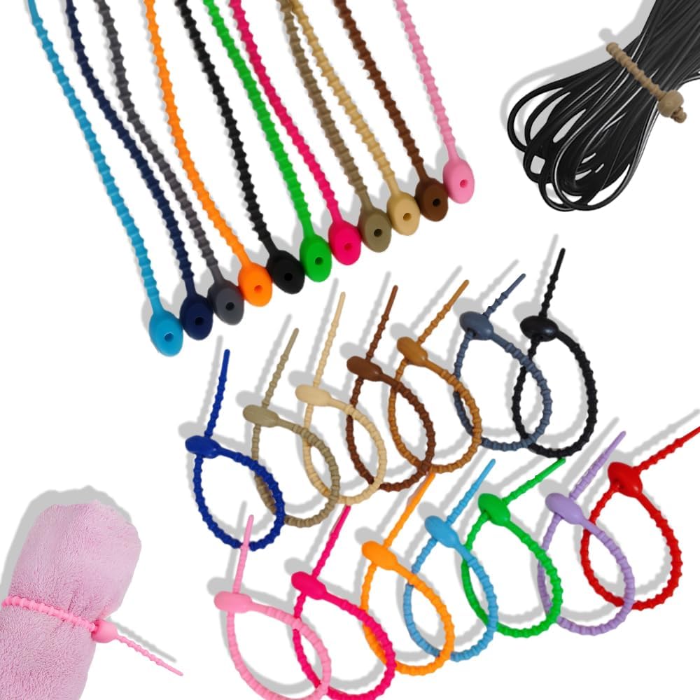 36 Pcs Colorful Silicone Ties Clip Reusable Rubber Zip Ties Food Sealing Tie Cable Strap Cord Organizer Household Snake Strap for Multi Purpose Twist Ties