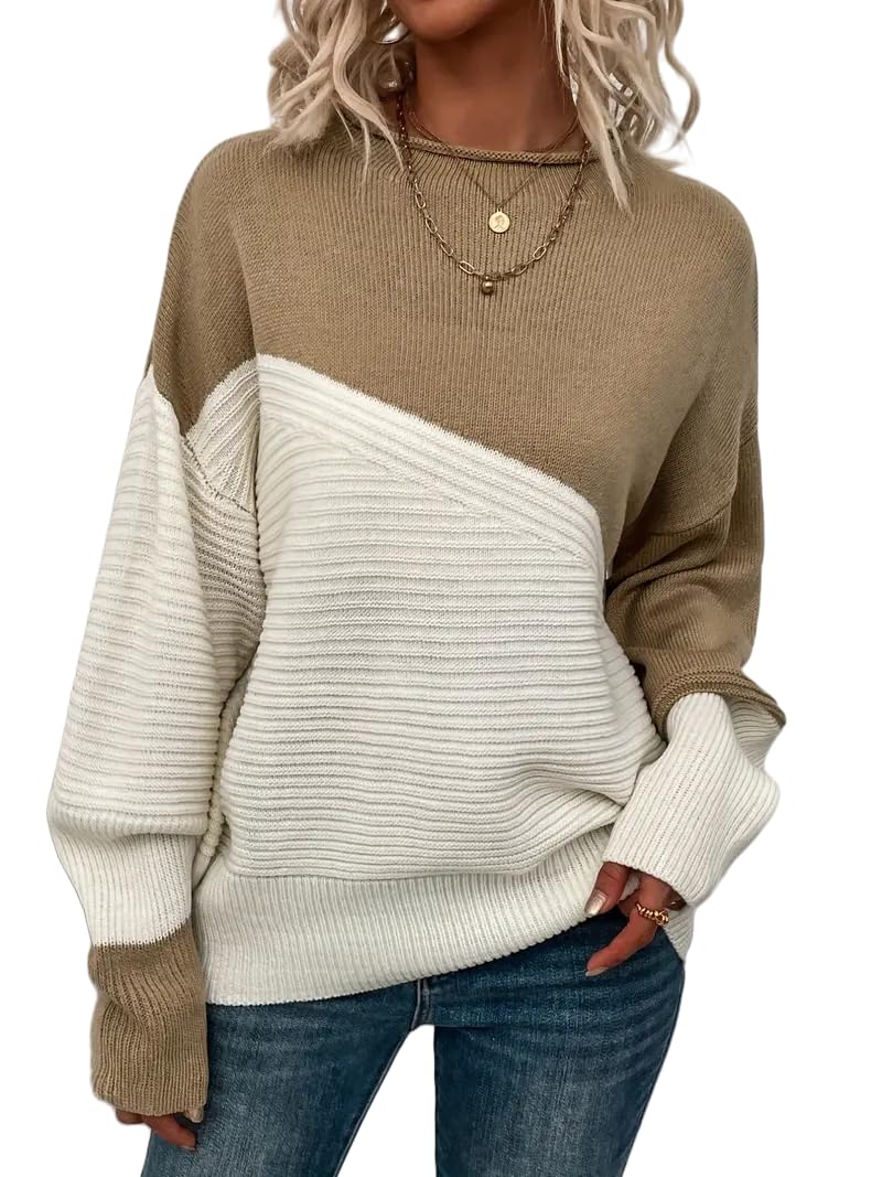 Womens Color Block Knit Sweater Ribbed Texture Khaki and White Crew Neck Long Sleeve