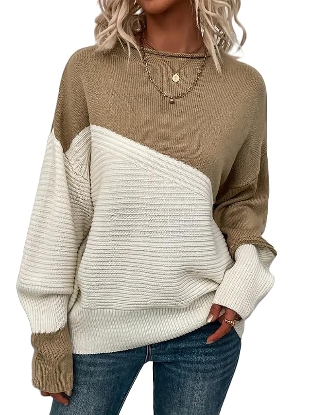 Womens Color Block Knit Sweater Ribbed Texture Khaki and White Crew Neck Long Sleeve