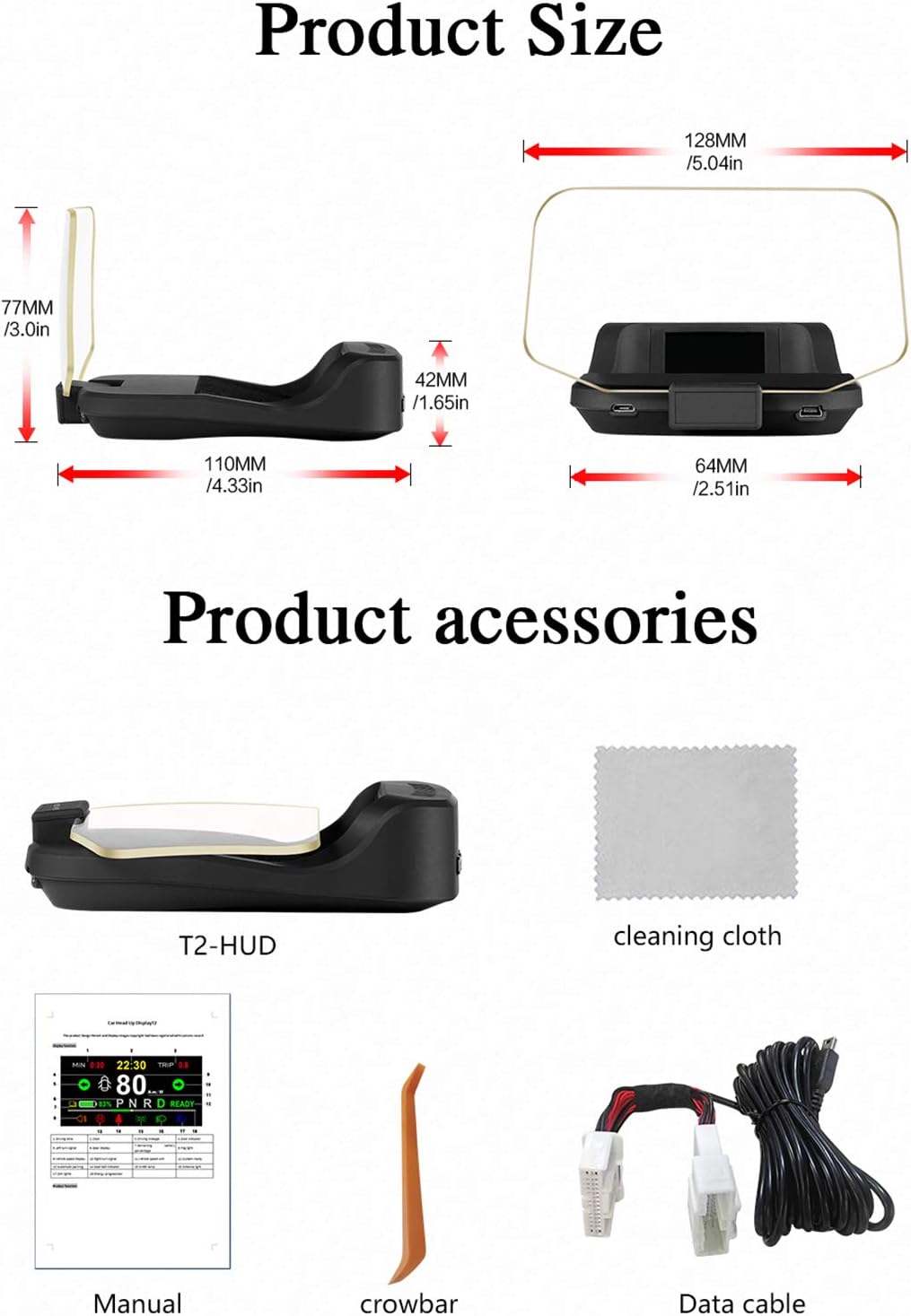 Contents of the ACECAR T2 HUD package including the HUD unit, data cable, crowbar tool, cleaning cloth, and manual.