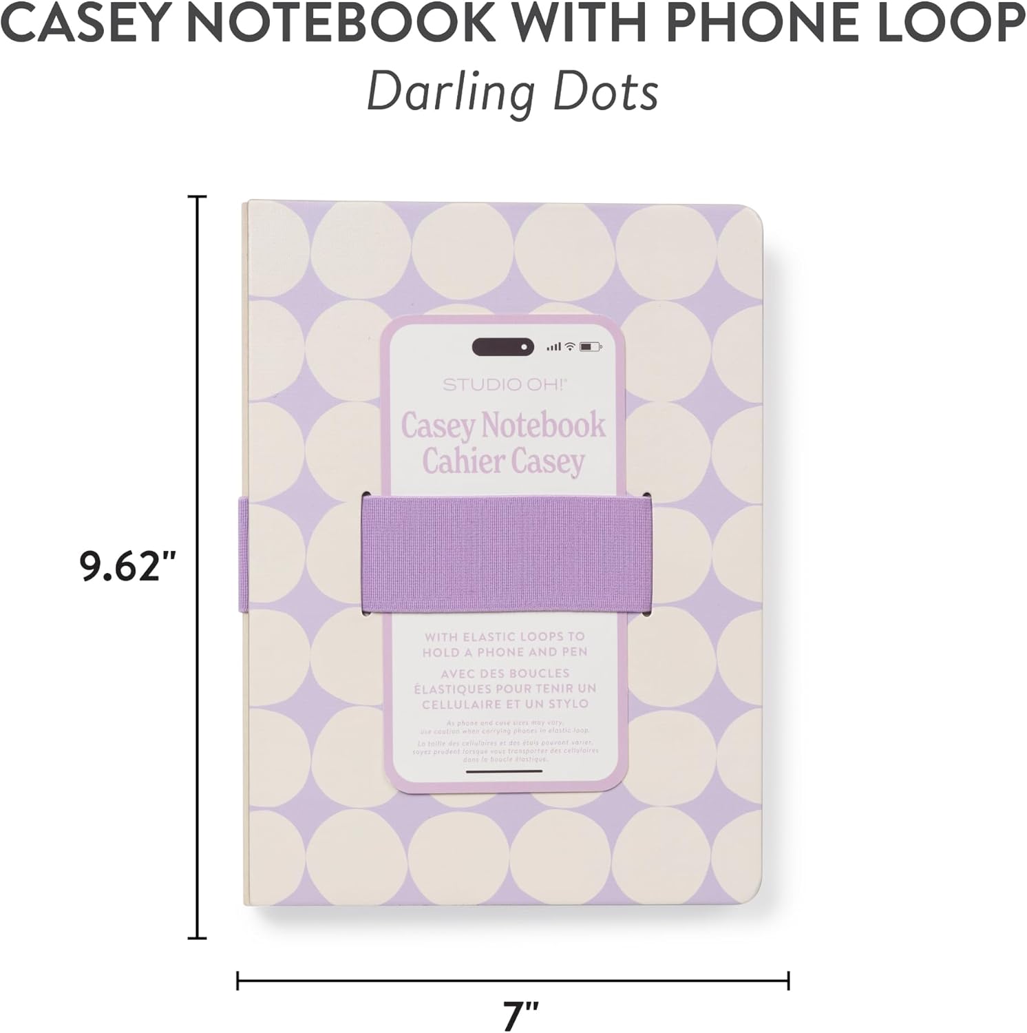 Studio Oh! Casey Hardcover Notebook with Phone Holder, Coptic Bound Lay Flat Work Notebook & Journal Organizer, 192 Lined Pages, 100 GSM Paper, Elastic Pen Loop, Darling Dots, 7" x 9.62"