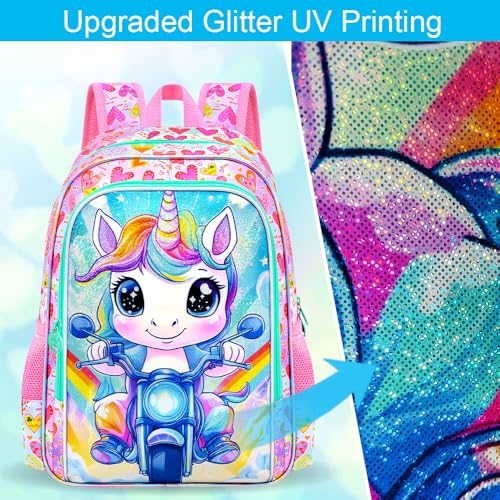 Image of 3Pcs Unicorn Backpack for Girls, 16 inch School Backpacks Set for Elementary Preschool Kindergarten, Kids Motorcycle Bookbag with Lunch Box(Pink)