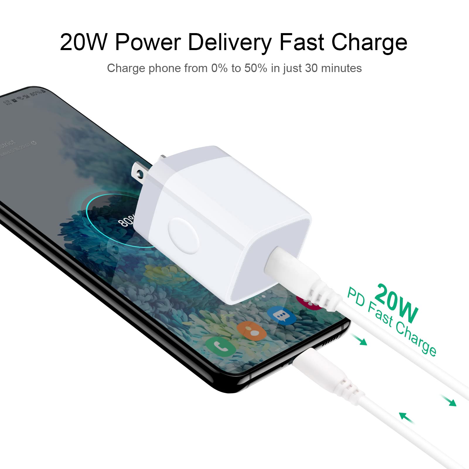 20W USB C Fast Phone Charger for Google Pixel 8 7 6 Pro 6a 5 5a 5G 4 3 2 XL, Samsung Galaxy A55 A35 A15 S24 S23 S22 Ultra 5G S21 FE S10 S10e S9 S8 Plus, Z Fold5, Flip5 (Adapter with 6ft Cable)