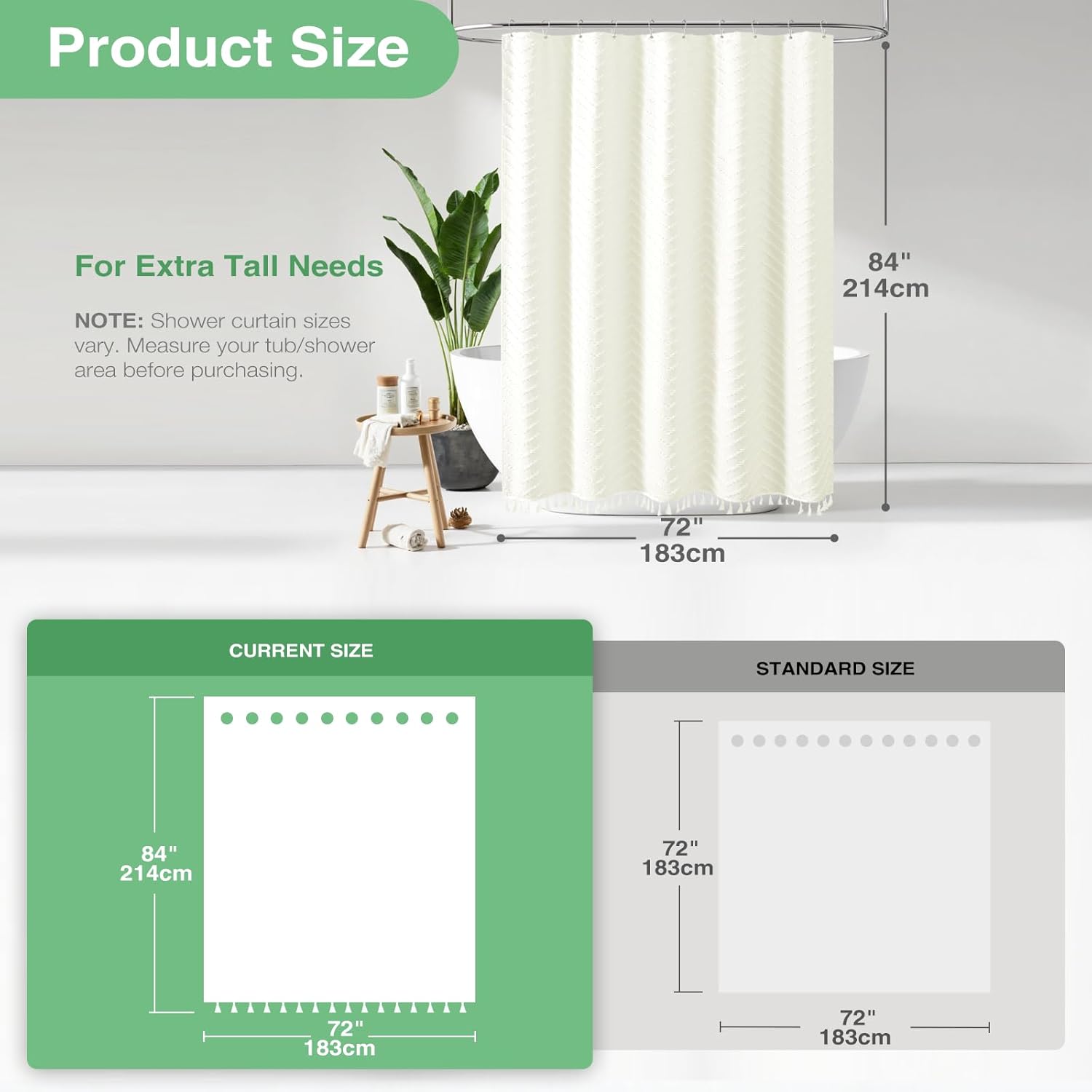 Dynamene Extra Long Shower Curtains, 84 Inches Long Boho Tufted Chevron Striped Fabric Shower Curtains for Bathroom, Tall Minimalist Chic Waterproof Cloth Shower Curtain Set with Hook, Cream, 72x84