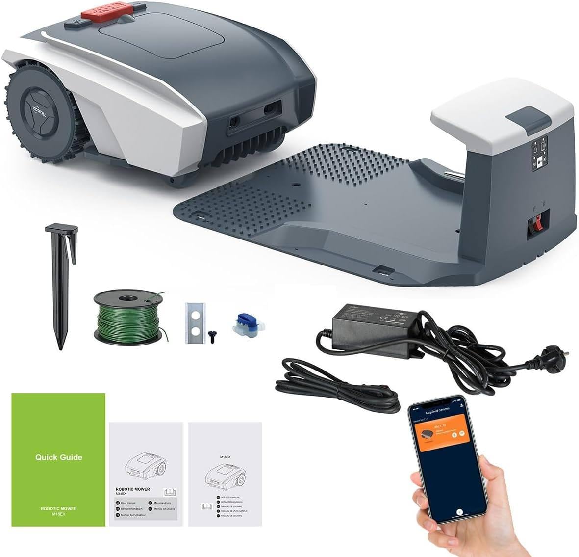 Cortadora de césped robótica automática: corta hasta 1500 m2, con pendiente del 30%, corte ultrasilencioso, césped cuidado, con sensor de lluvia, control de aplicación Bluetooth