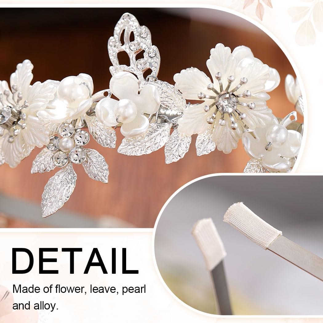 Kilshye Diadema de flores para novia, diadema de hojas para novia, diadema de perlas para mujeres y niñas (plata)