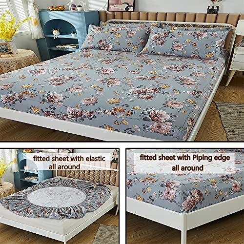 Fadfay 100% Brushed Cotton Sheets Set Twin Xl Shabby Grey Floral Bedding Elegant Peony Flower Farmhouse Bedding Ultra Soft Vintage Rose Sheet Set With Deep Pocket Fitted Sheet 4-Pieces, Twin Xl Size #TOP3