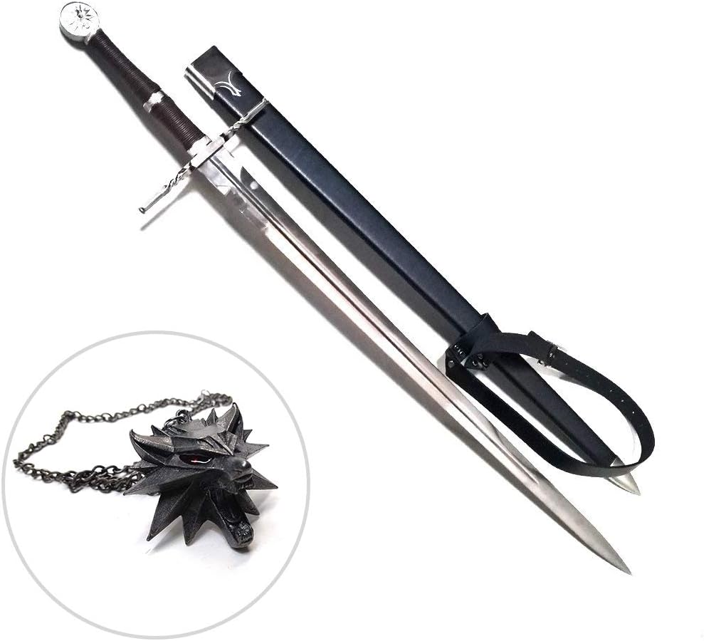 Avias Knife Supply 46 Inch Two-Handed Sword of Witcher Geralt of Rivia with Sheath and Leather Shoulder Strap with Witcher Necklace (Geralt's Silver Sword with Witcher Necklace)