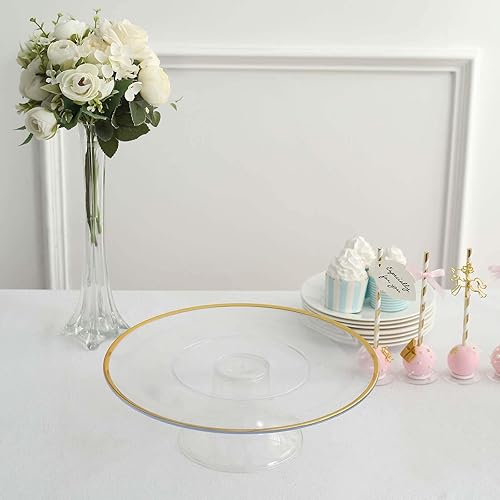 Miniatura 9 de Tableclothsfactory Paquete de 2 elevadores de plástico transparente de 12 pulgadas con borde dorado para cupcakes y postres, soporte desechable para