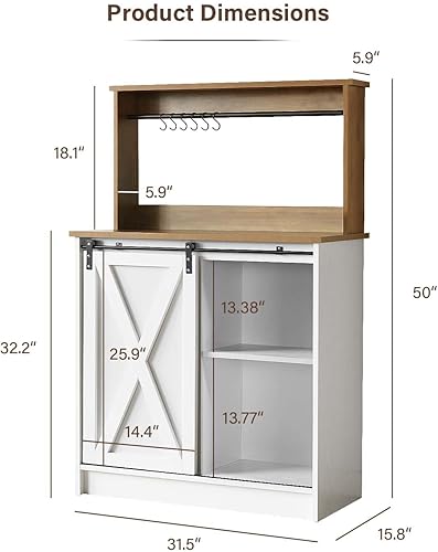 Miniatura 2 de Armario de barra de café de granja con 6 ganchos, gabinete pequeño de cocina de 32 pulgadas con puertas correderas de granero, gabinete de bar