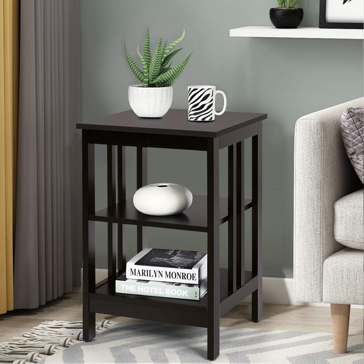 LIFEZEAL Comodino a 3 Ripiani, Comodino in Legno, Tavolino Basso, per Soggiorno, Camera da Letto, Salotto, Montaggio Semplice, Peso Max 20 kg, 40x40x61 cm, Caffè