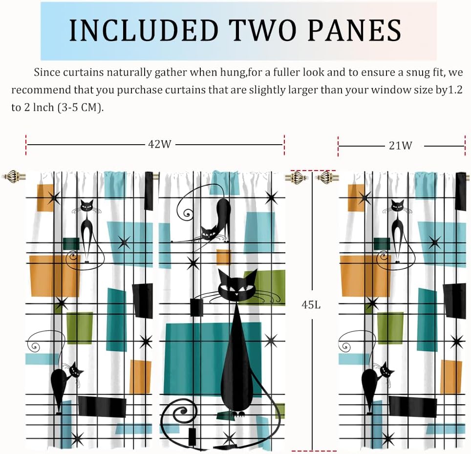 Modern Mid Century Black Cat Blackout Curtains,Abstract Rainbow Colorful Geometric Rhombus Print Window Treatments Rod Pocket Thermal Insulated Blackout Curtains for Bedroom-2 Panels 45"L x 21"W
