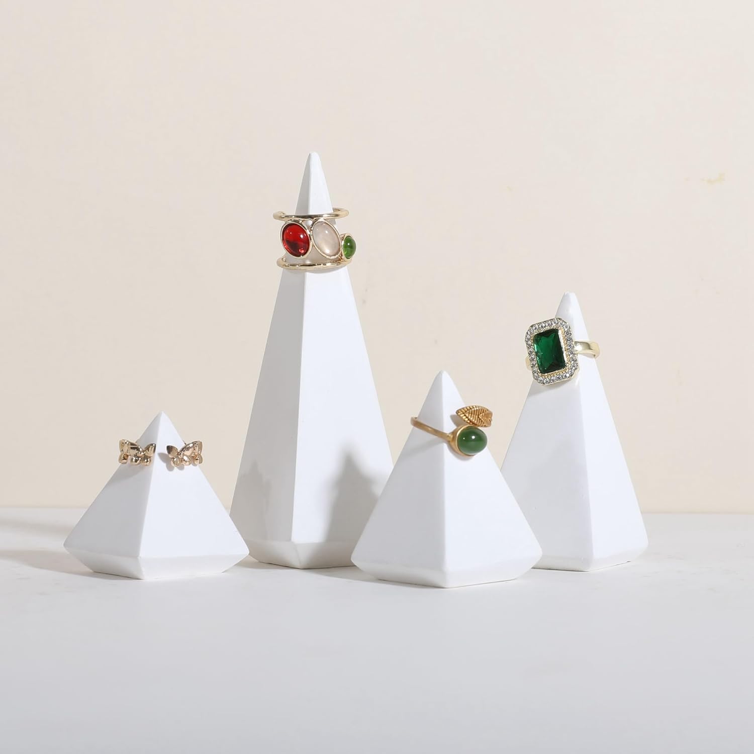 GemeShou 4pcs White Jewelry Ring Display stands for selling, Gypsum Ring cone holders, Retail jewelry Ring Storage Organizer, Perfect online Business Room Decoration【Gypsum Pyramid 4 pcs】