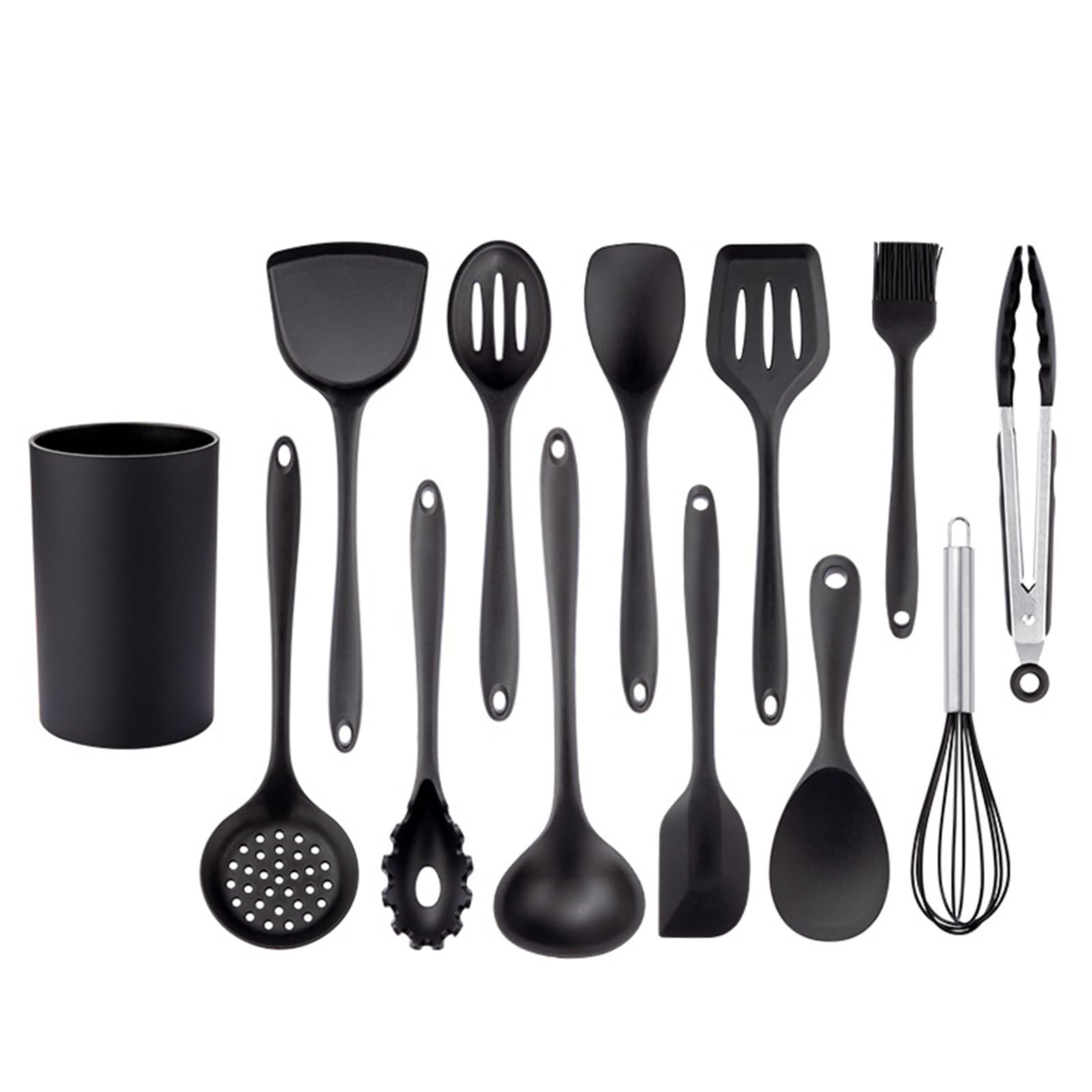 Juego de espátulas de cocina de silicona resistentes al calor con asas de silicona antiadherentes, 12 piezas, sin BPA, color negro