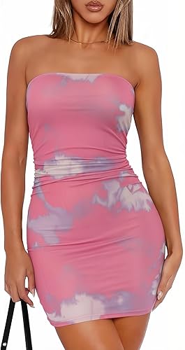Women's Strapless Tube Top Bodycon Mini Dress, Sexy Ruched Printed