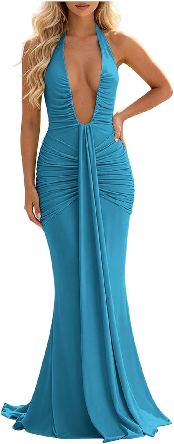 Women Summer Halter Maxi Dress Ruched Bodycon Deep V Neck Slim Fit Formal Cocktail Party Evening Long Dress