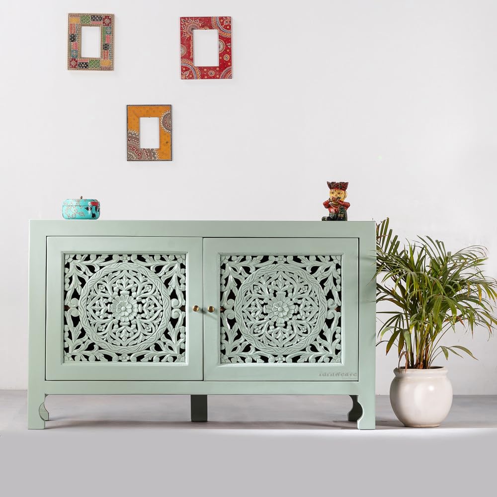 Wooden Sideboard Cabinet for Living Room | Handcrafted Solid Wood Storage Cabinet with Carved Doors | Crockery Cabinet for Home | Crockery Furniture for Home (Green Ela)-image-28