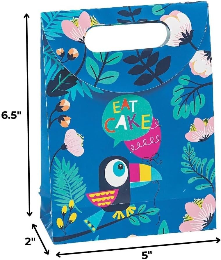 Fun Express - Tropical Toucan & Parrot Paper Bags for Party - Party Supplies - Bags - Paper Gift W & Handles - Party - 12 Pieces