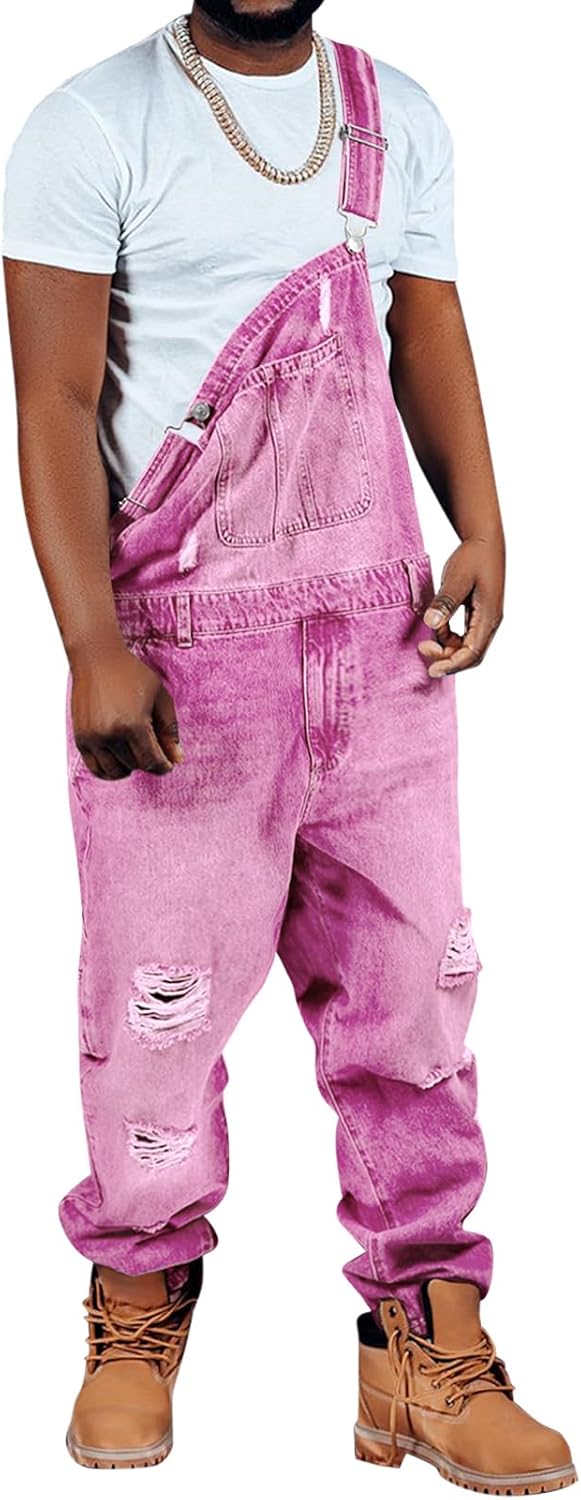 Runcati Men's Denim Bib Overall Ripped Distressed Jean Fashion Casual Adjustable Strap Loose Fit Hippie Jumpsuit