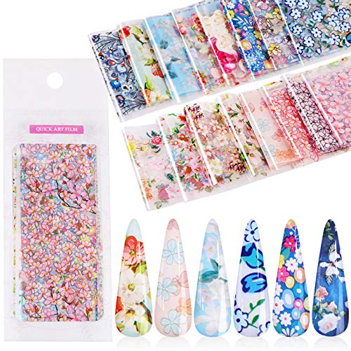 16 Colors Nail Foil Transfer Sticker, KISSBUTY Flowers Nail Art Stickers Tips Wraps Foil Transfer Adhesive Glitters Acrylic DIY Nail Decoration