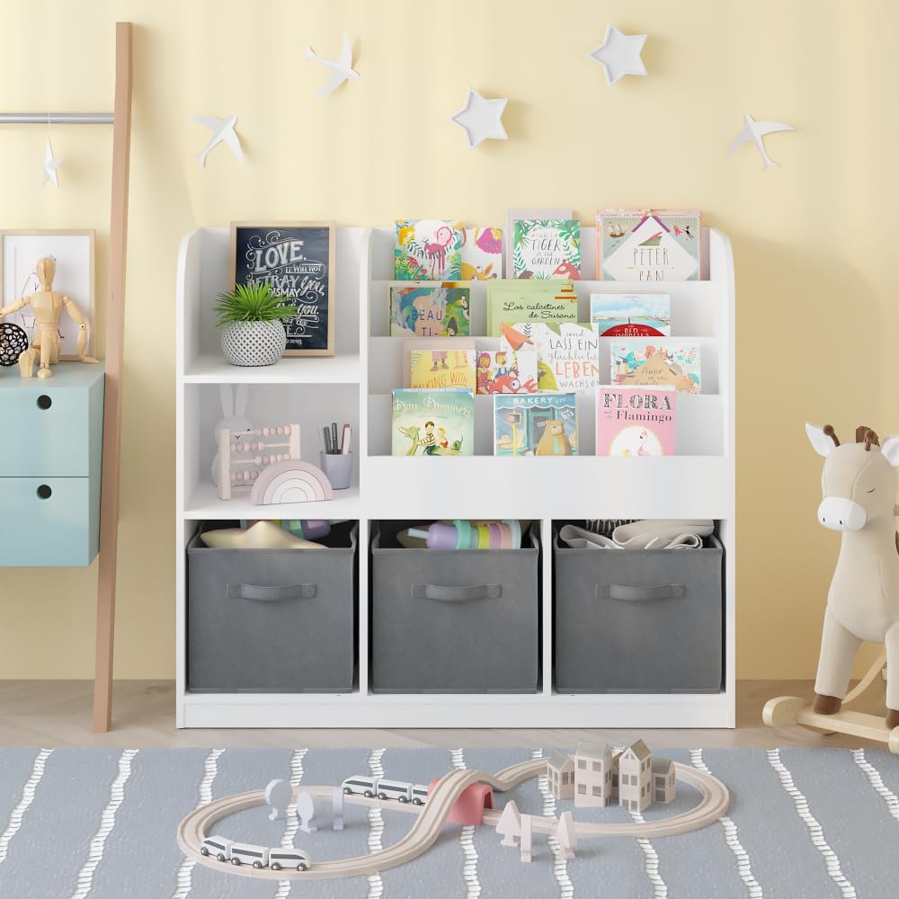 Multifunctional Bookcase Bookshelf with 3 Collapsible Fabric Drawers, Multi-Tier Bookcase Display Stand Storage Organizer for Bedroom, Playroom, Hallway (Gray)