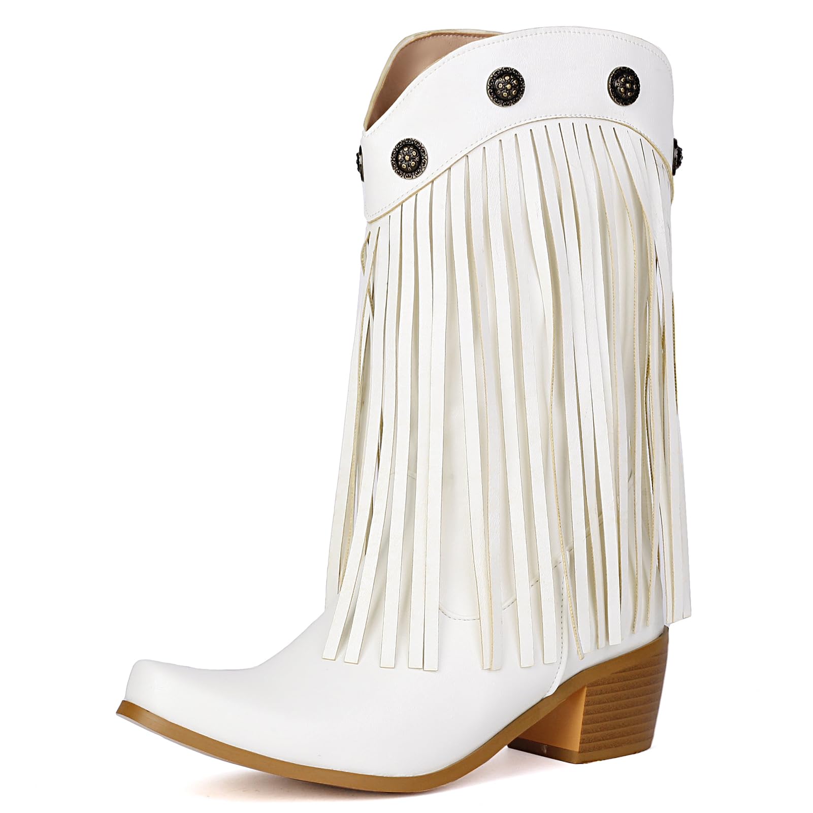 Womens Cowgirl Boots Mid Calf Fringe Block High Heel Vintage Western Short Boots
