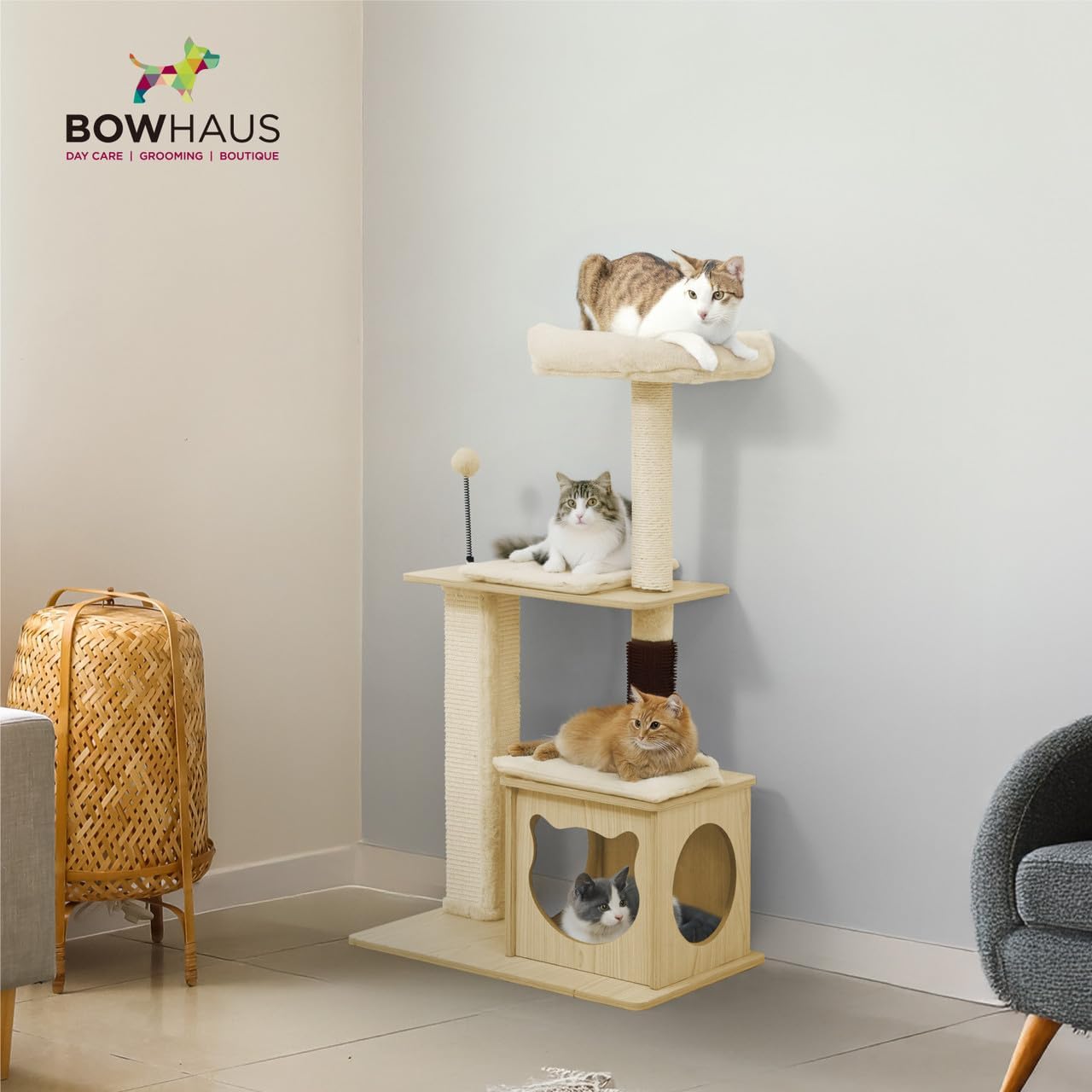CAPHAUS 42-Inch Multi-Level Cat Tree with Cat Cave Condo & Top Perch, Wooden Cat Tower for Indoor Cats with Grooming Tickler, Scratching Posts, Detachable Cushion, Interactive Balls