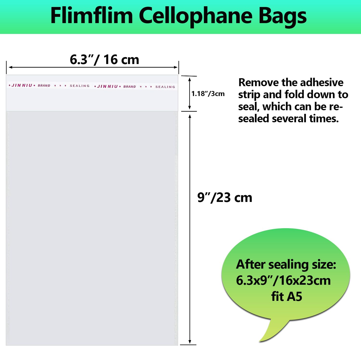 Flimflim Bolsas Celofán Transparente, 16x23 cm 100pcs para A5