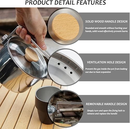 Miniatura 4 de Olla de camping de acero inoxidable con tapa y mango extraíble, hervidor de agua ligera para acampar al aire libre, fácil de limpiar, olla de