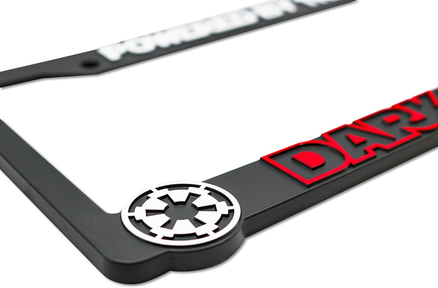 Powered by The Darkside 3D Raised License Plate Frame | 1 Pack License Plate Cover | Universal US Car Black License Plate Holder | Auto Accessories (Car, Truck and SUV)