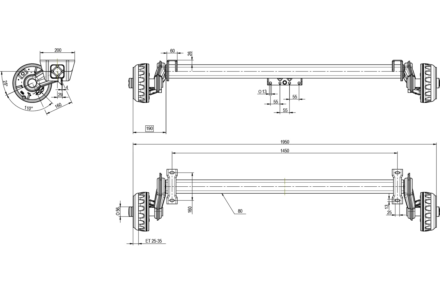 Knott VGB13M gebremste Achse 1350 kg für schwere Anhänger und Autotransporter, Auflagemaß 1450 mm, Anlagemaß 1950 mm, Radanschluss 5x112, wartungsfreie Gummifederung