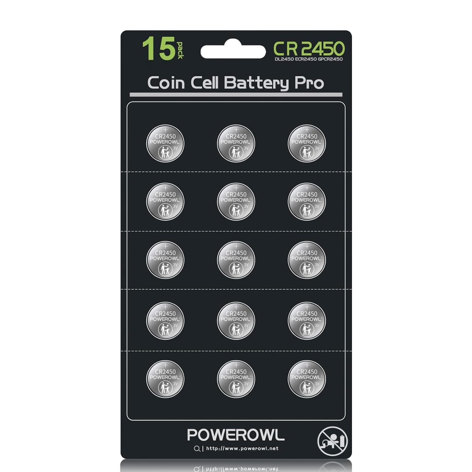 POWEROWL High Capacity CR2450 Battery (15-Pack) 3v Lithium Batteries, 10 Years Leak-Free, Long Lasting CR 2450