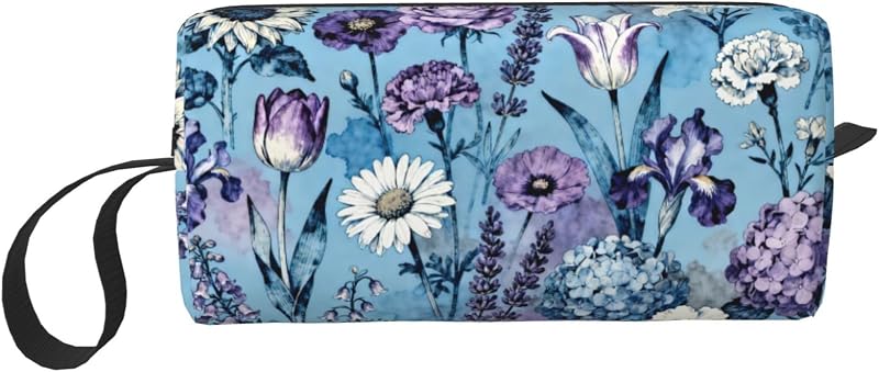 Necessaire de maquiagem OLUSENMO com estampa floral aquarela azul e alça de pulso