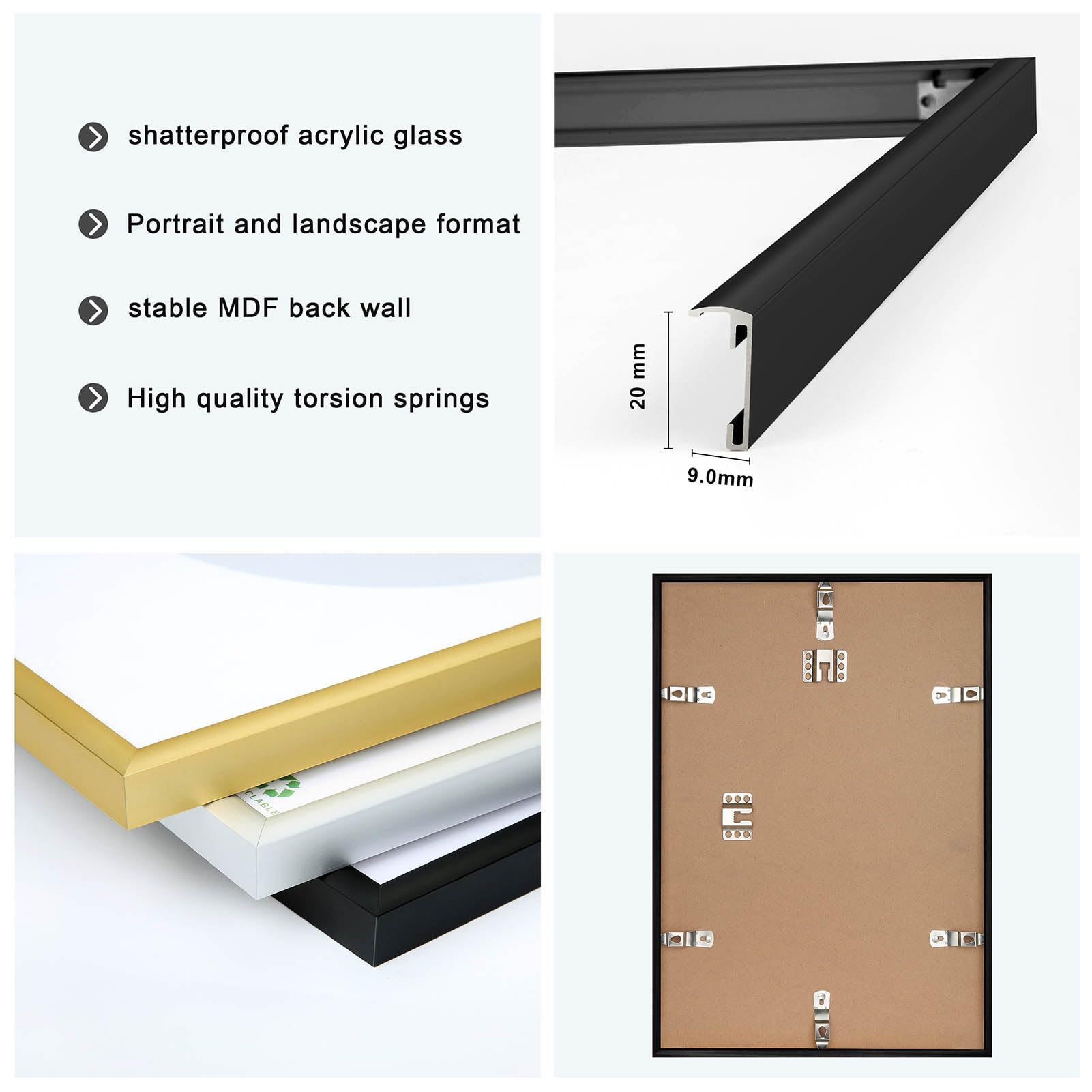Cadre Photo Aluminium Doré 50x70 Cm - Lot De 2 Cadres Avec Plexiglas Haute Résistance - Pour Décoration Murale Ou Exposition, Design Moderne