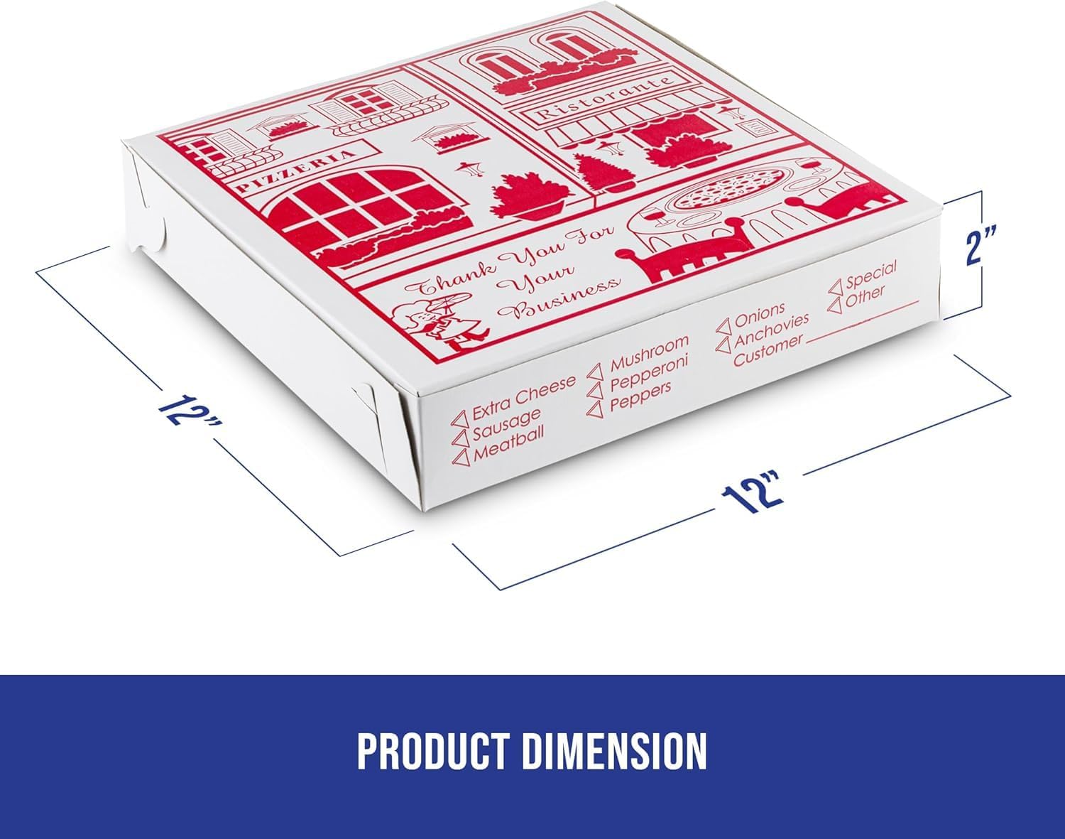 MT Products White-Red Pizza Box 12" x 12" x 2" - Extra Thin Pizza Boxes with Design (Pack of 200) - Made in the USA